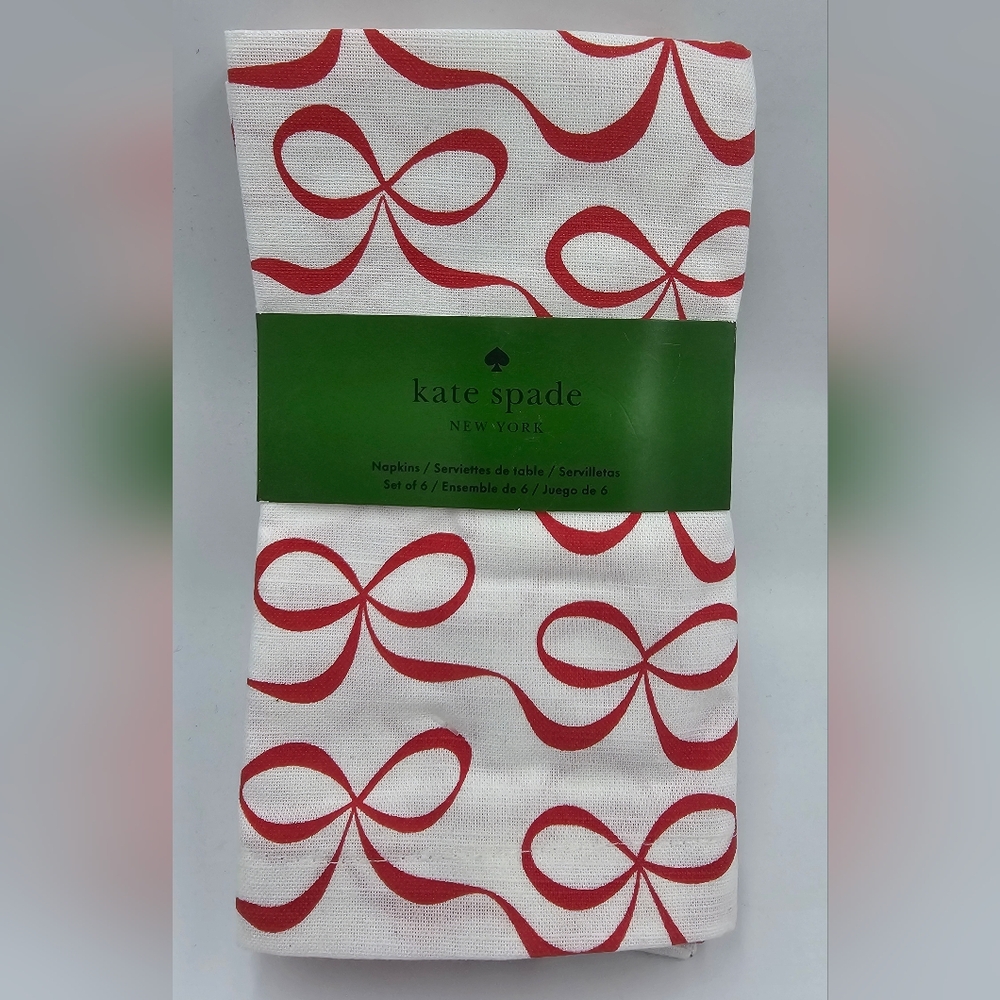 Kate Spade Set of 6 Napkins White with Red Bows 60% Cotton/40% Polyester New